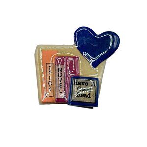 Books Pin By Lucinda Vintage Collectible Handmade Pin Books with Blue Heart